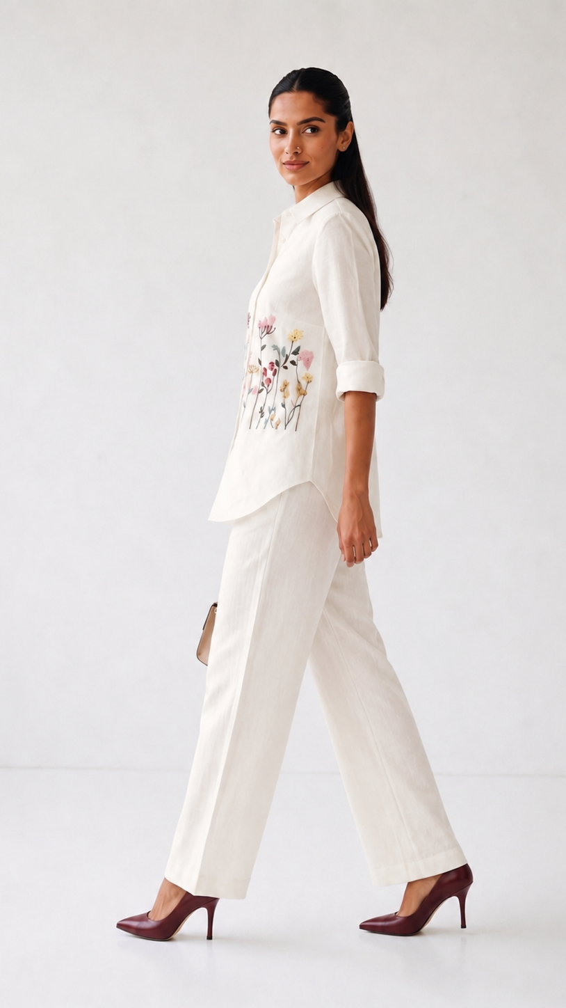 Ivory Bloom Embroidered Co-ord Set | Cotton Linen Shirt & Elasticated Waist Pants