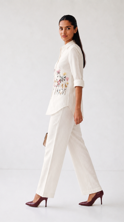 Ivory Bloom Embroidered Co-ord Set | Cotton Linen Shirt & Elasticated Waist Pants