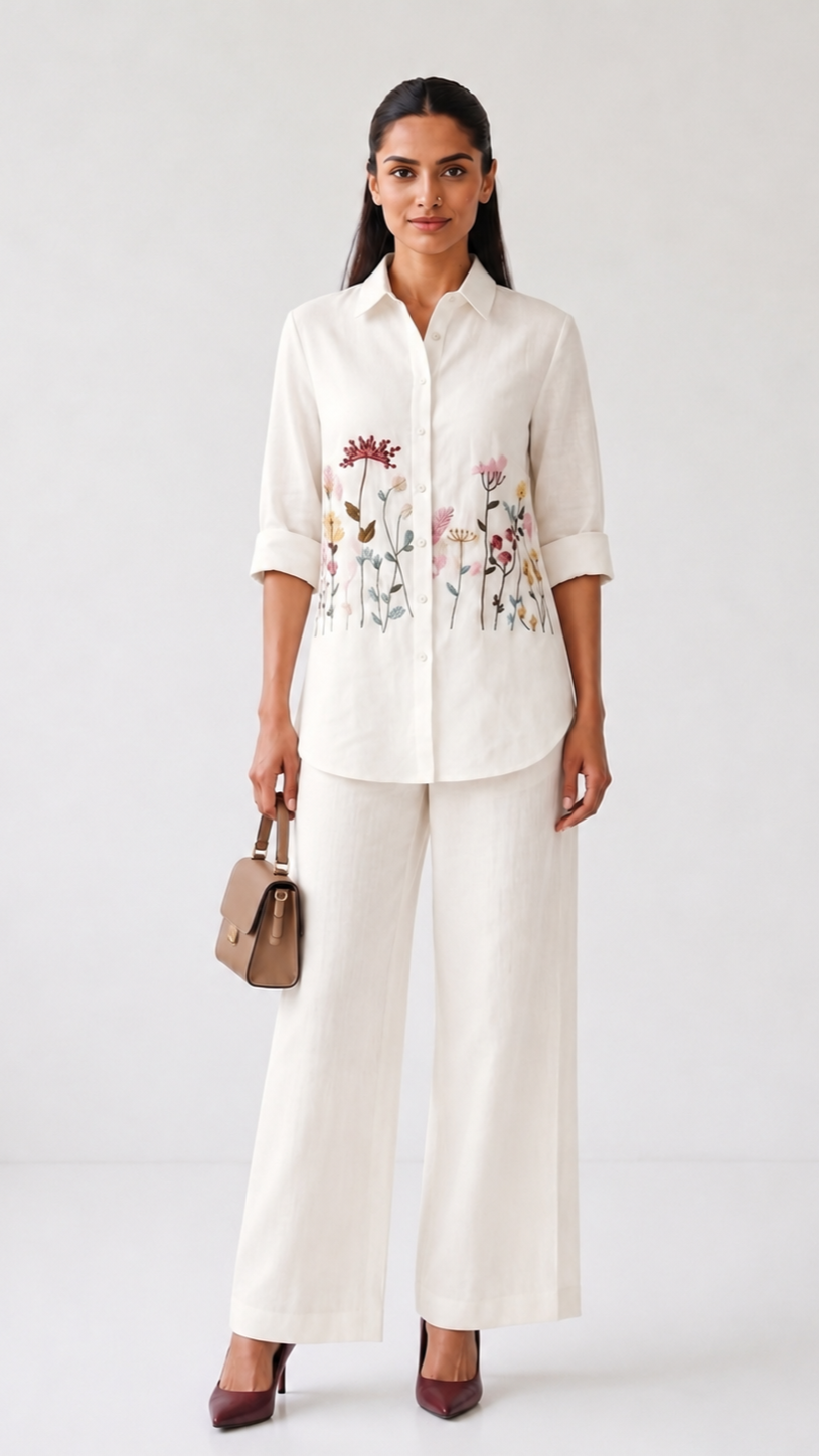 Ivory Bloom Embroidered Co-ord Set | Cotton Linen Shirt & Elasticated Waist Pants