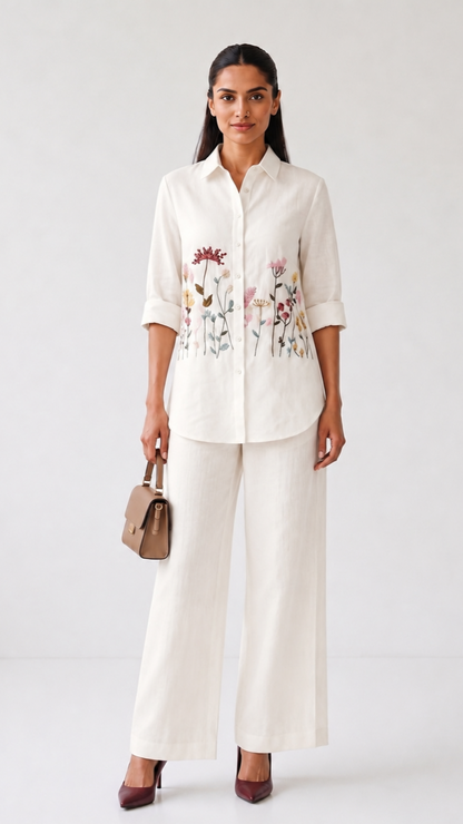 Ivory Bloom Embroidered Co-ord Set | Cotton Linen Shirt & Elasticated Waist Pants