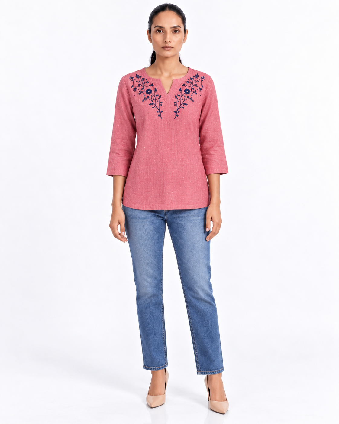 Neelbel Ice red Embroidered Cotton Linen Short Kurti for Women | Navy Floral Tunic Top