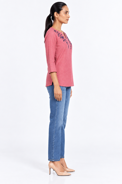Neelbel Ice red Embroidered Cotton Linen Short Kurti for Women | Navy Floral Tunic Top