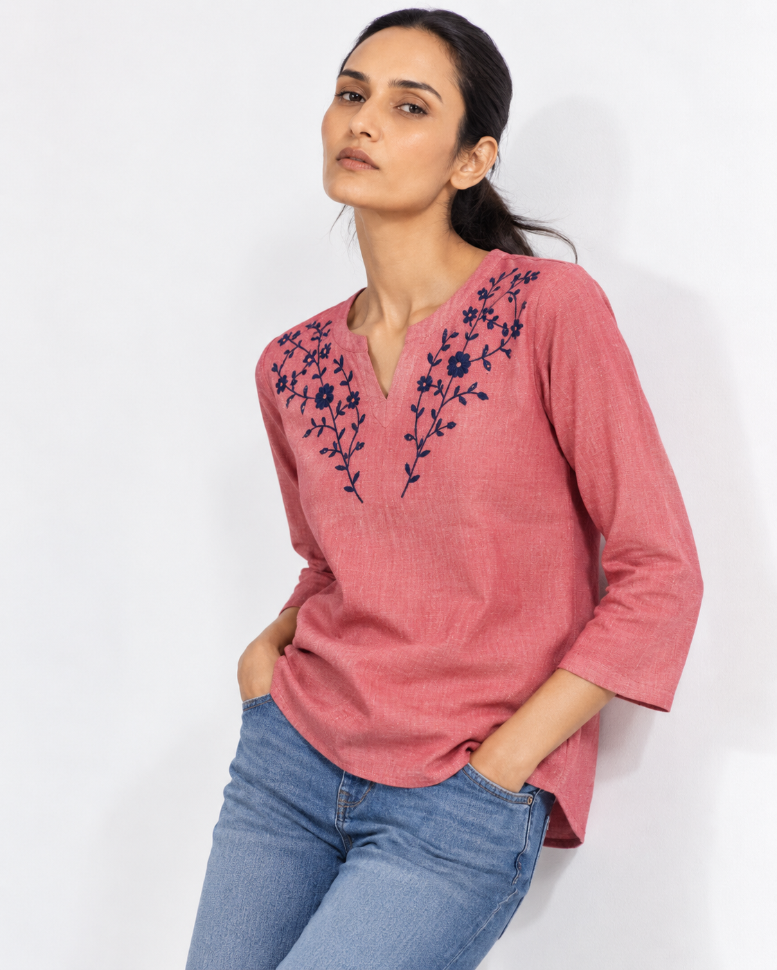 Neelbel Ice red Embroidered Cotton Linen Short Kurti for Women | Navy Floral Tunic Top