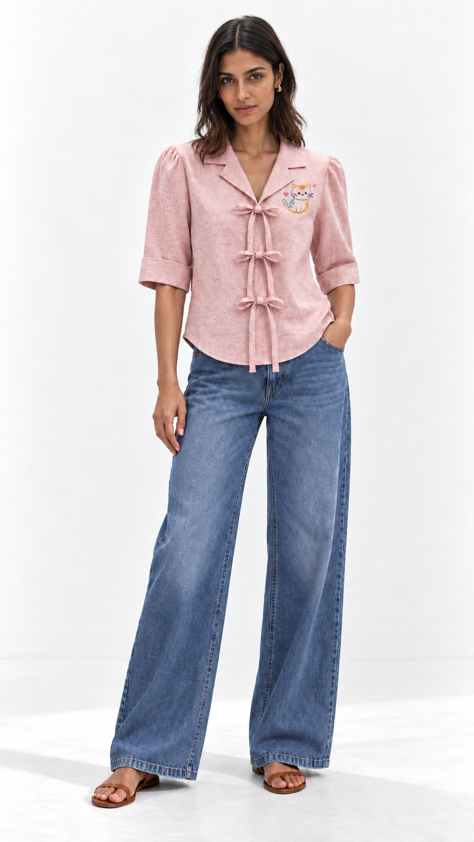 Blush Pink Bow Tie European Linen Shirt for Women | Cute Cat Embroidered Top