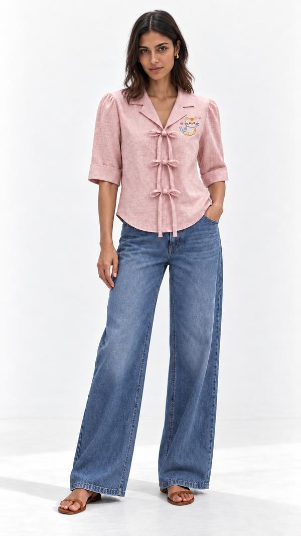 Blush Pink Bow Tie European Linen Top for Women | Cute Cat Embroidered Top