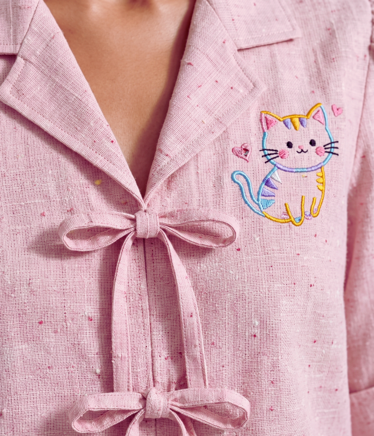 Blush Pink Bow Tie European Linen Shirt for Women | Cute Cat Embroidered Top
