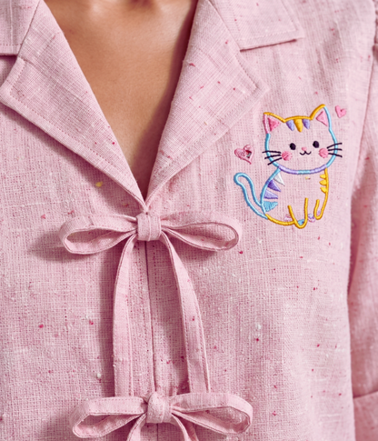 Blush Pink Bow Tie European Linen Shirt for Women | Cute Cat Embroidered Top