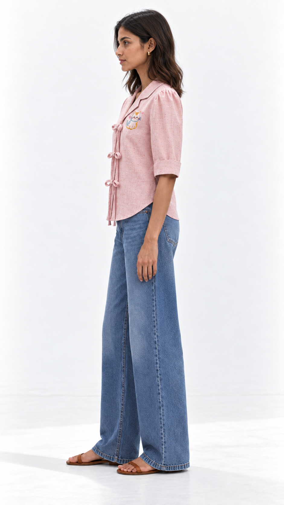Blush Pink Bow Tie European Linen Shirt for Women | Cute Cat Embroidered Top