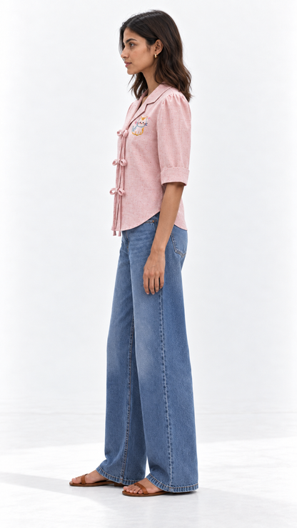Blush Pink Bow Tie European Linen Shirt for Women | Cute Cat Embroidered Top