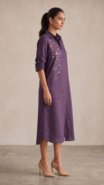 Twilight Bloom Cotton linen Shirt Dress — Deep Purple