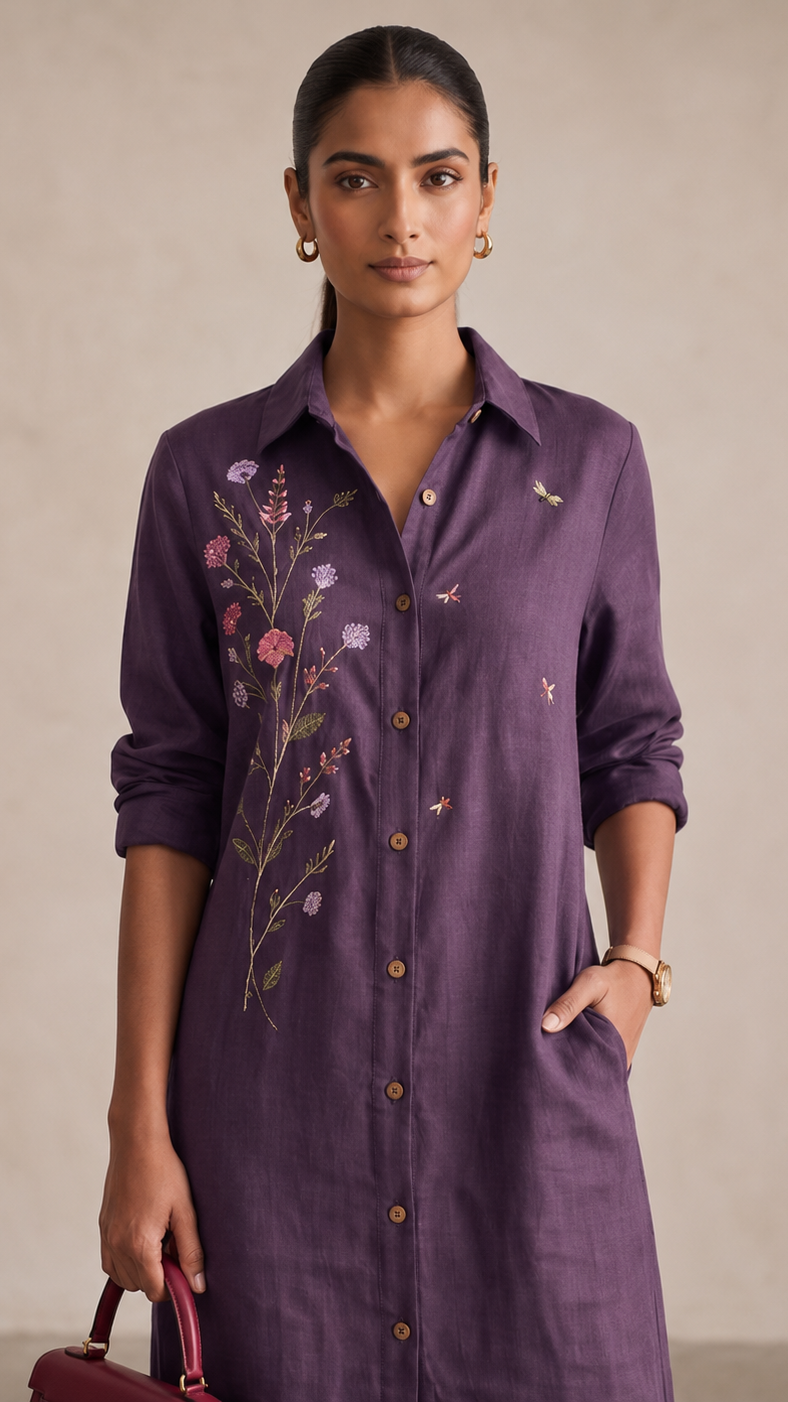 Twilight Bloom Cotton linen Shirt Dress — Deep Purple