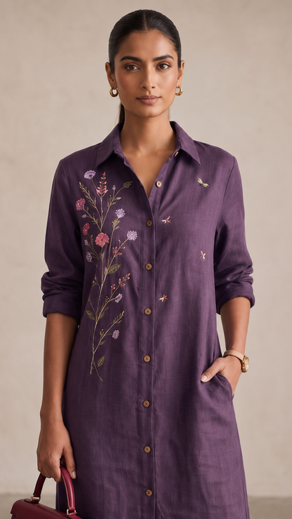 Twilight Bloom Cotton linen Shirt Dress — Deep Purple