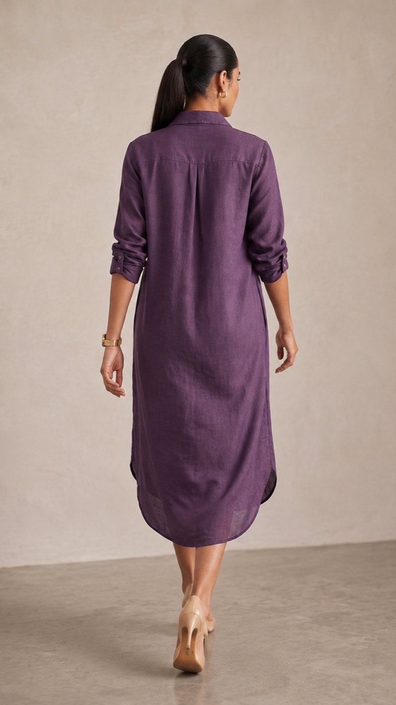 Twilight Bloom Cotton linen Shirt Dress — Deep Purple