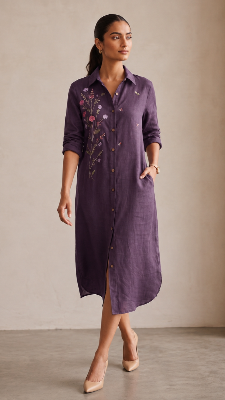 Twilight Bloom Cotton linen Shirt Dress — Deep Purple
