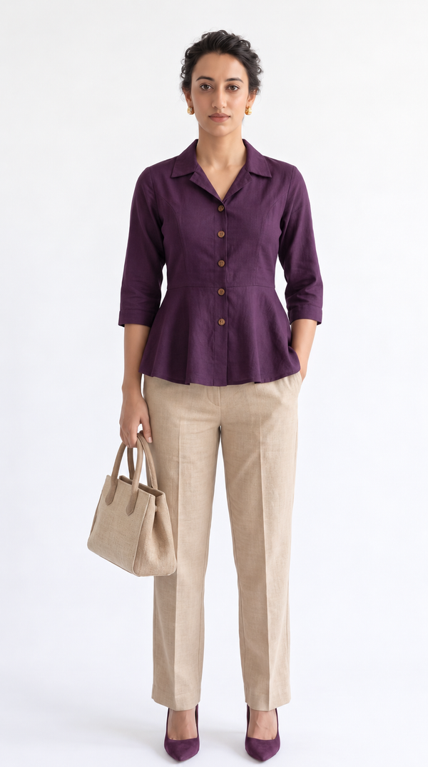 Jamun Plum Peplum Shirt Top for Women | Cotton Linen Collared Office Top