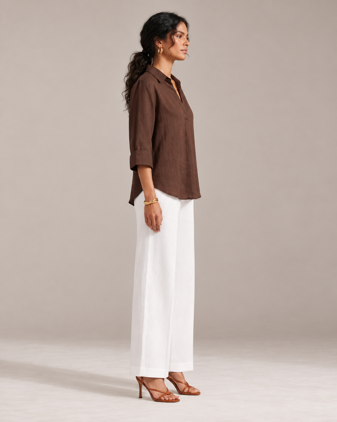 BROWN FRONT PLEATED COTTON TOP