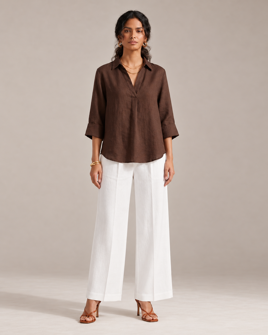 BROWN FRONT PLEATED COTTON TOP