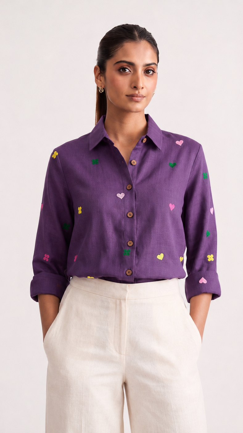 Purple Posy Embroidered Shirt