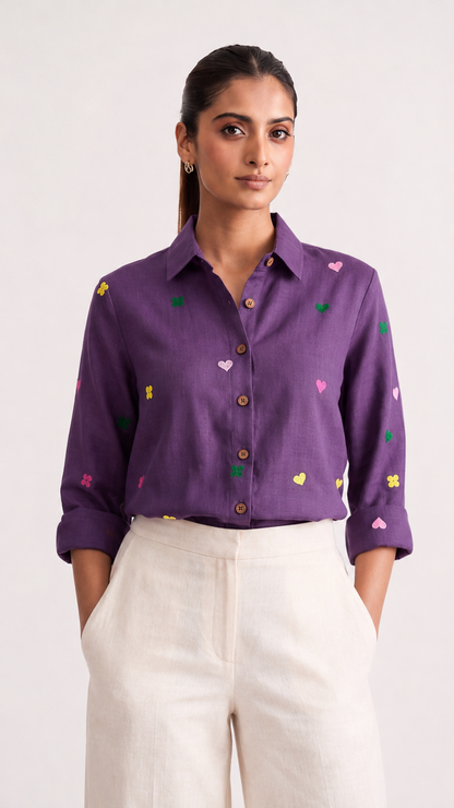 Purple Posy Embroidered Shirt