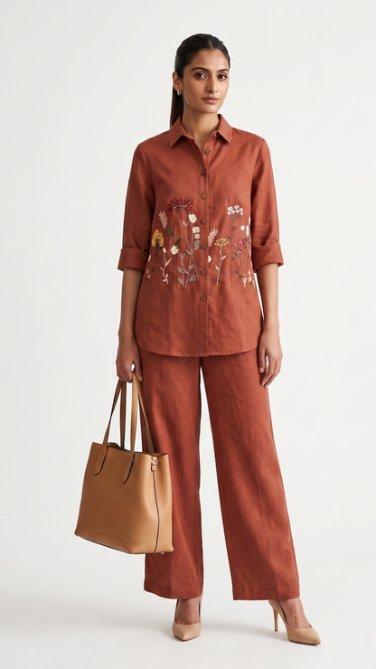 Terracotta Meadow| Cotton Linen Shirt & Elasticated Waist Pants