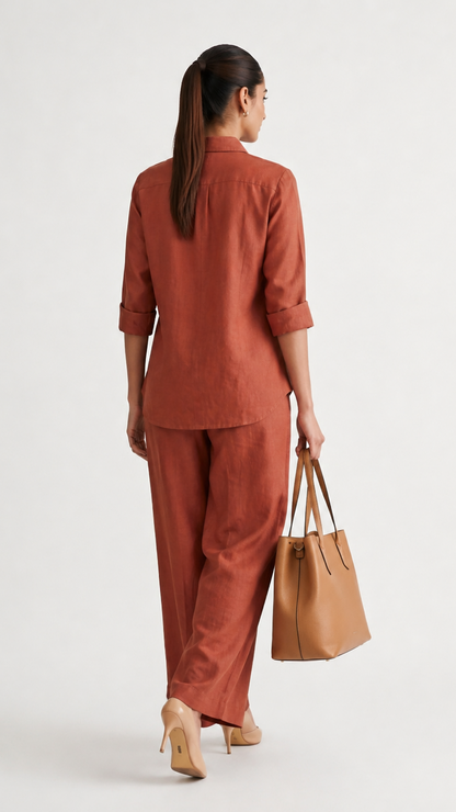 Terracotta Meadow| Cotton Linen Shirt & Elasticated Waist Pants