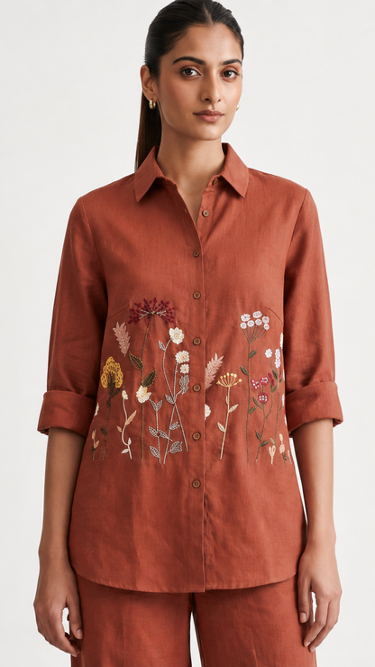 Terracotta Meadow| Cotton Linen Shirt & Elasticated Waist Pants