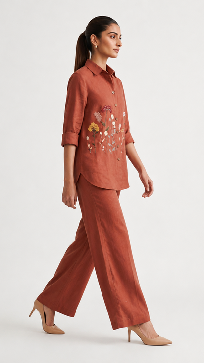 Terracotta Meadow| Cotton Linen Shirt & Elasticated Waist Pants