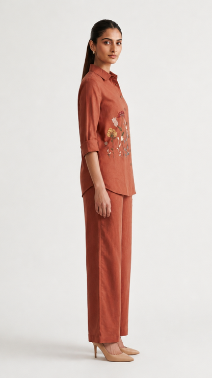 Terracotta Meadow| Cotton Linen Shirt & Elasticated Waist Pants