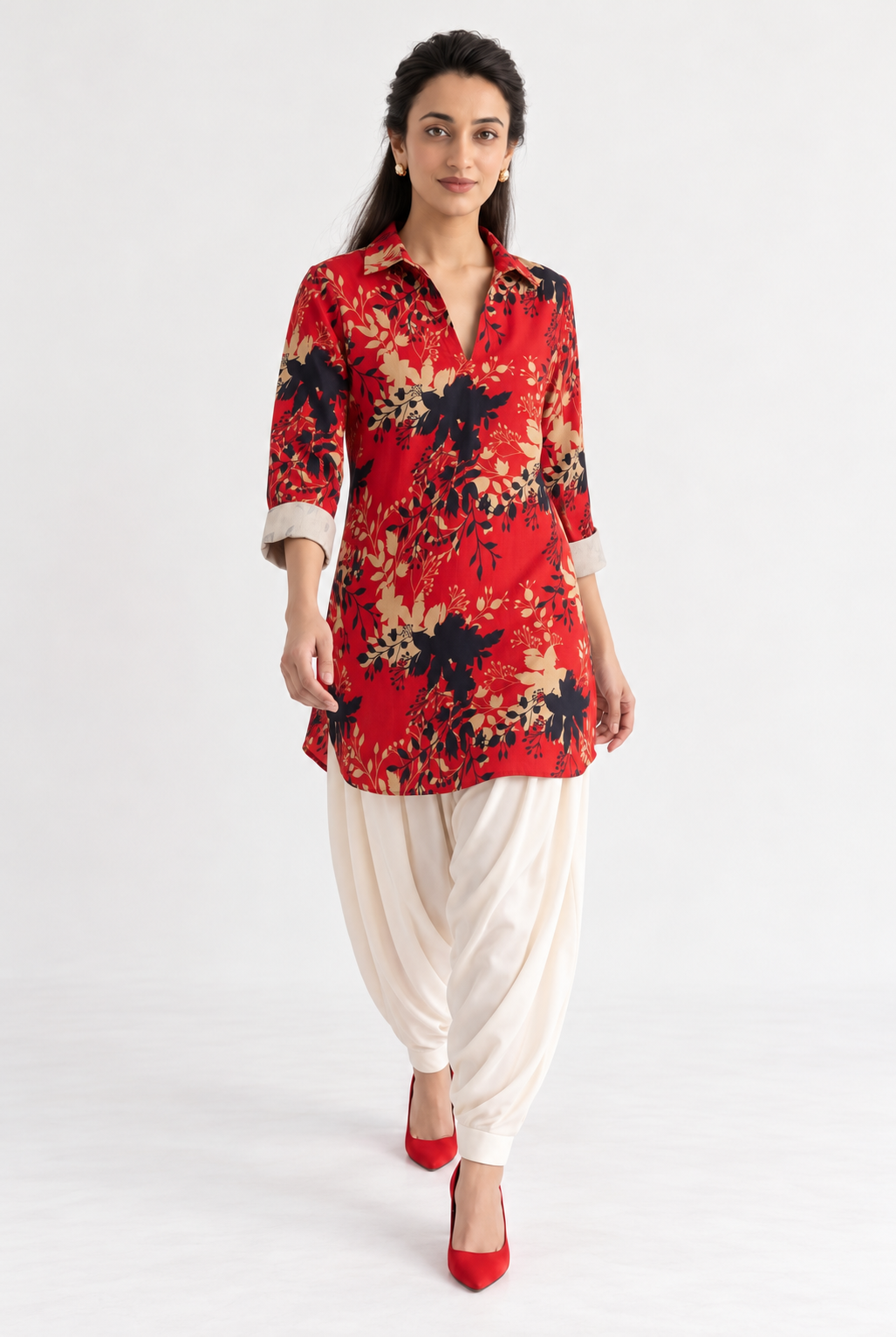 RED FLORAL PRINT KURTA