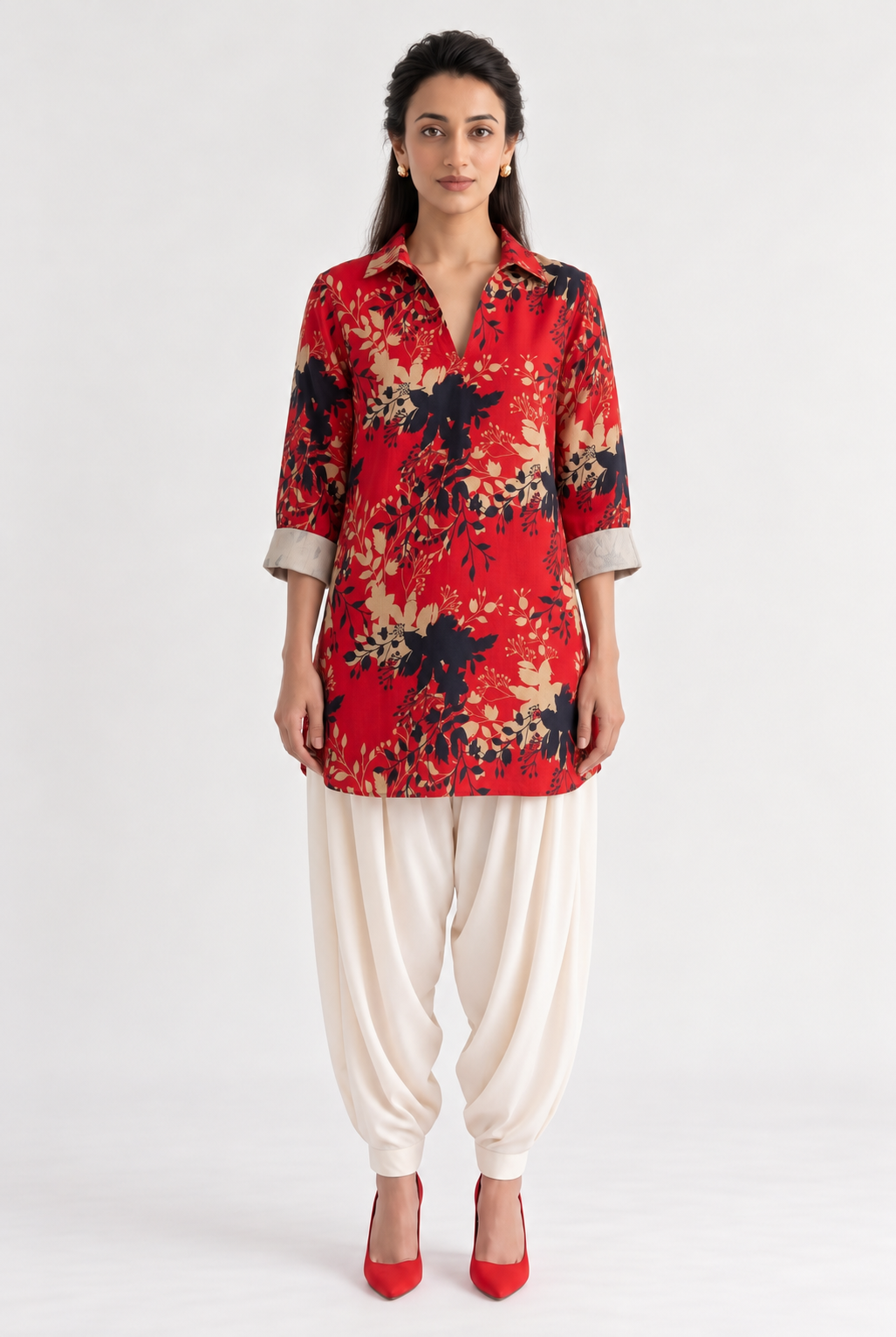 RED FLORAL PRINT KURTA