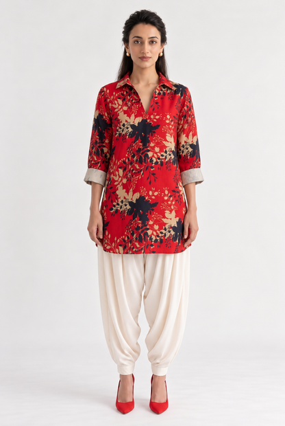 RED FLORAL PRINT KURTA