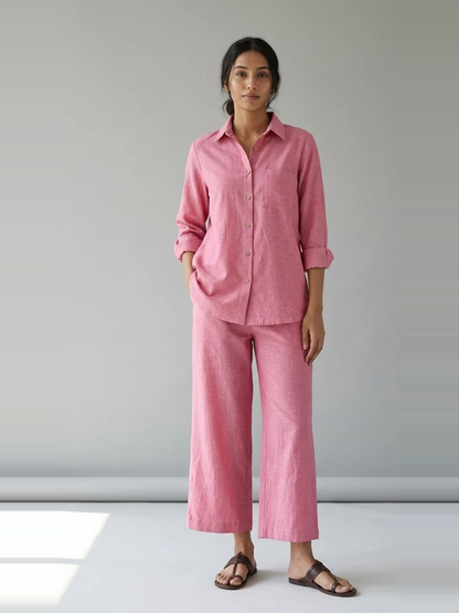 Rose Ease pink cotton linen slub shirt co-ord set – full-length alternate view