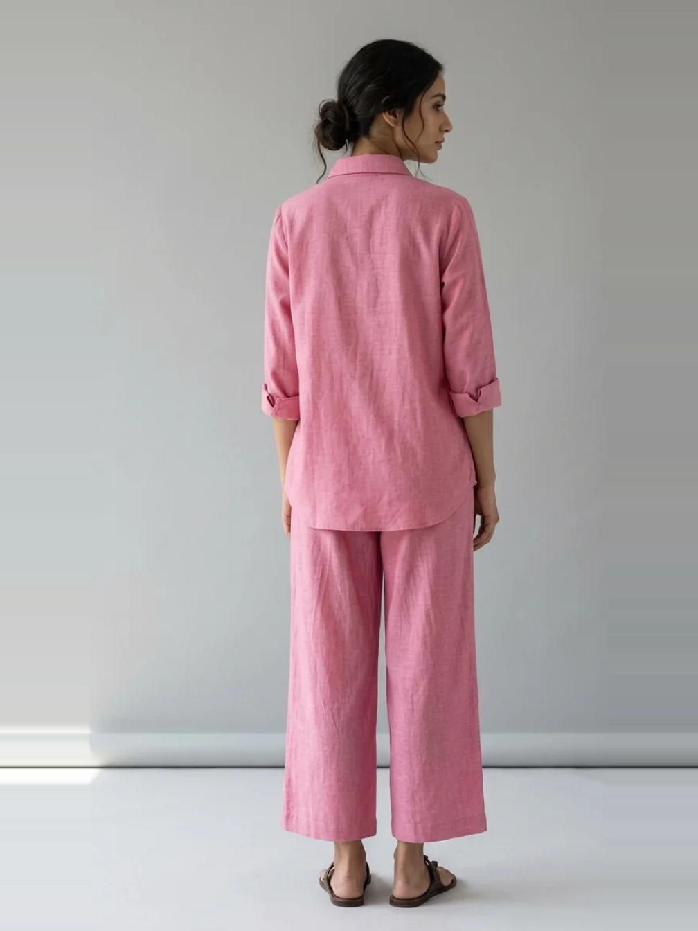 Rose Ease pink cotton linen slub shirt co-ord set – full-length back view