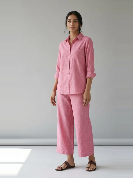 Rose Ease pink cotton linen slub shirt co-ord set – full-length front view