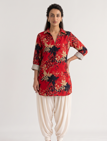RED FLORAL PRINT KURTA