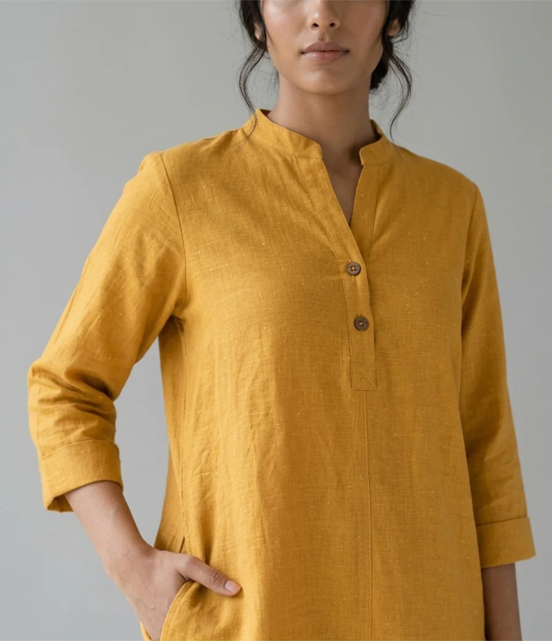 Saffron Ease mustard cotton linen slub co-ord set, detail view