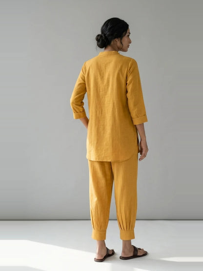 Saffron Ease – Mustard Cotton Linen Slub Co-ord Set – full-length back view