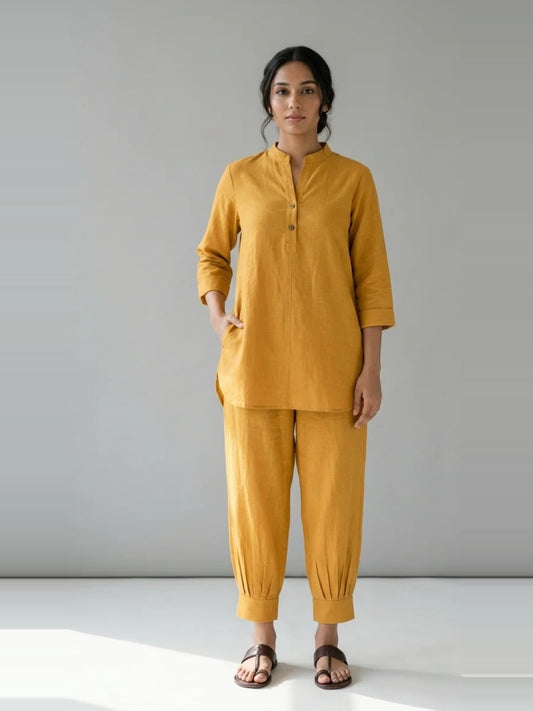 Saffron Ease – Mustard Cotton Linen Slub Co-ord Set – full-length front view