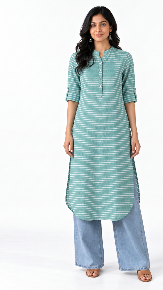Samundar Teal Striped Cotton Linen Long Kurta for Women | Mandarin Collar Side Slit Kurti