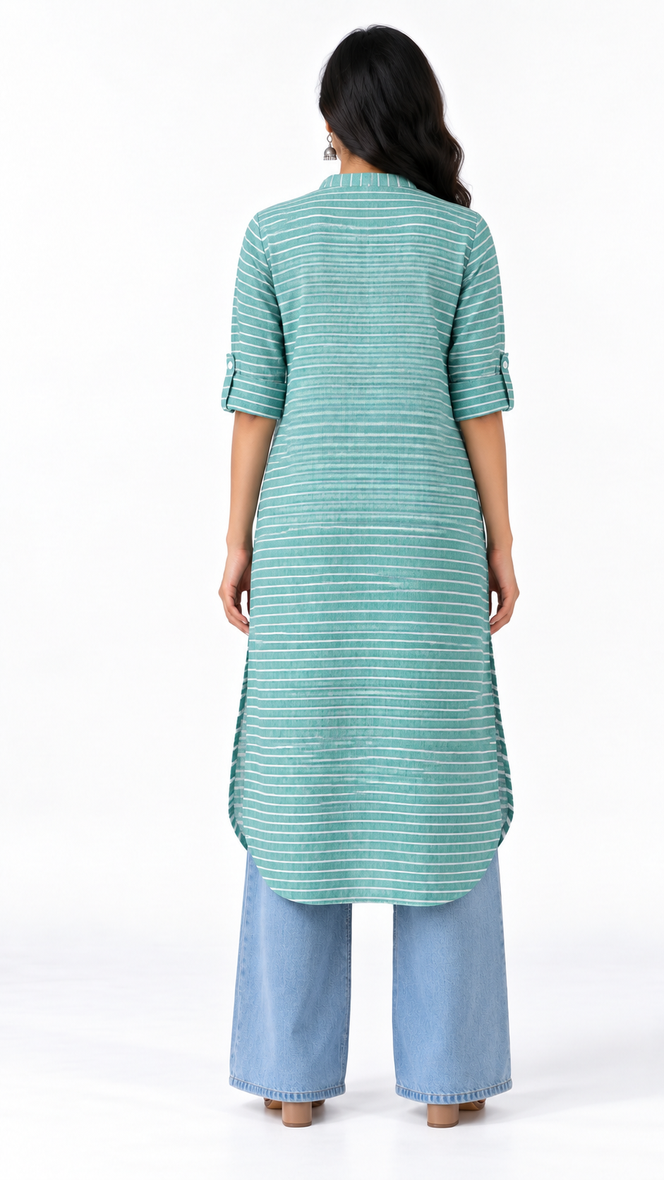 Samundar Teal Striped Cotton Linen Long Kurta for Women | Mandarin Collar Side Slit Kurti