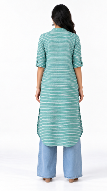 Samundar Teal Striped Cotton Linen Long Kurta for Women | Mandarin Collar Side Slit Kurti