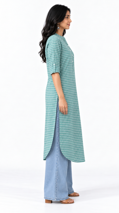 Samundar Teal Striped Cotton Linen Long Kurta for Women | Mandarin Collar Side Slit Kurti