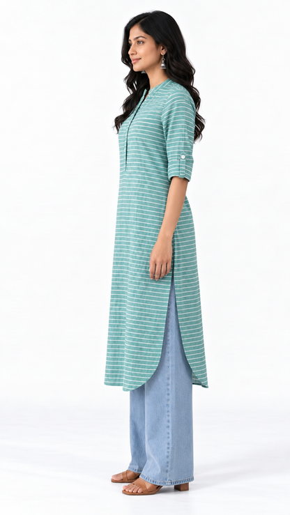 Samundar Teal Striped Cotton Linen Long Kurta for Women | Mandarin Collar Side Slit Kurti