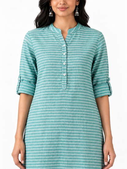 Samundar Teal Striped Cotton Linen Long Kurta for Women | Mandarin Collar Side Slit Kurti