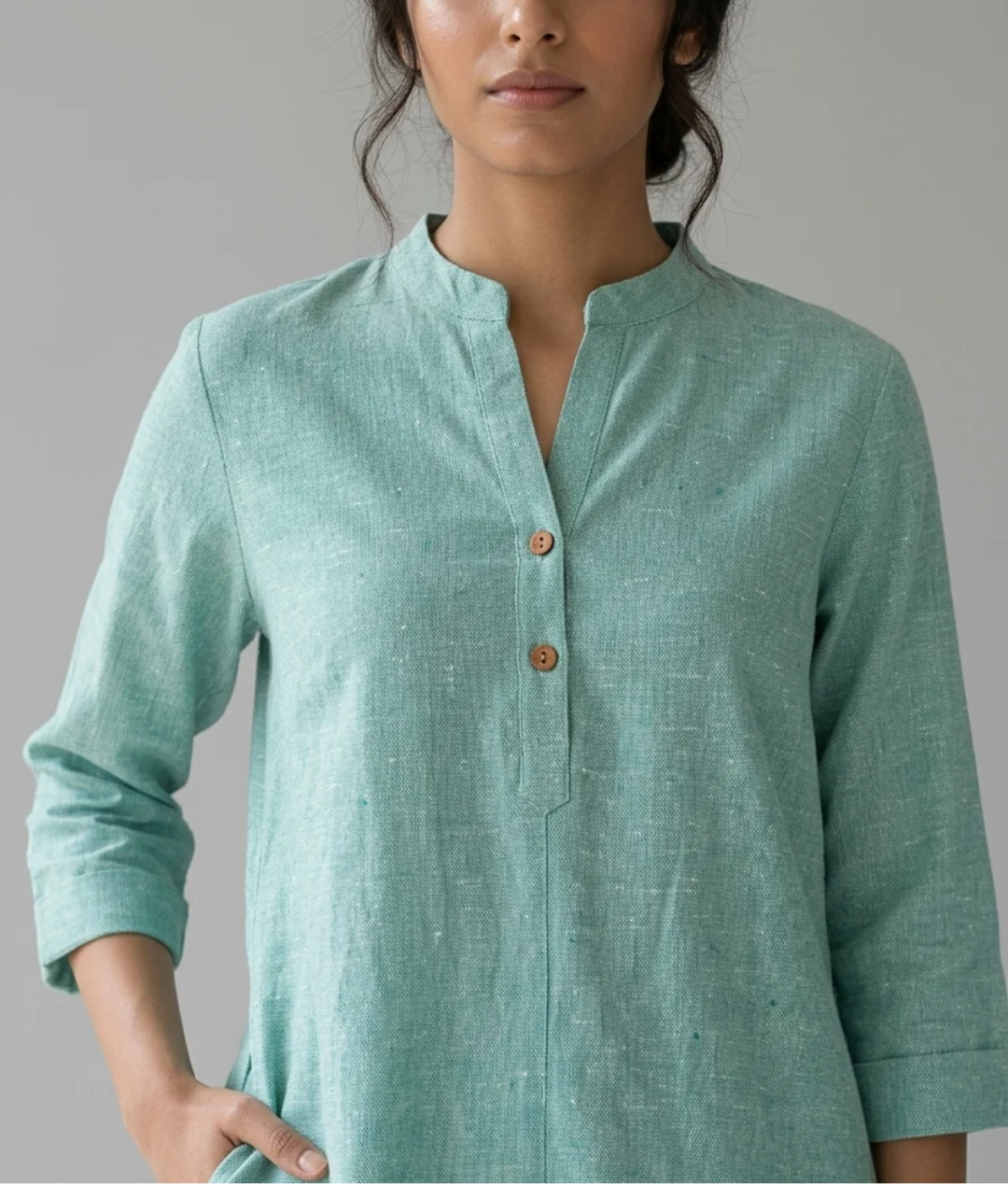 Seafoam Ease aqua cotton linen slub co-ord set for women – detail view