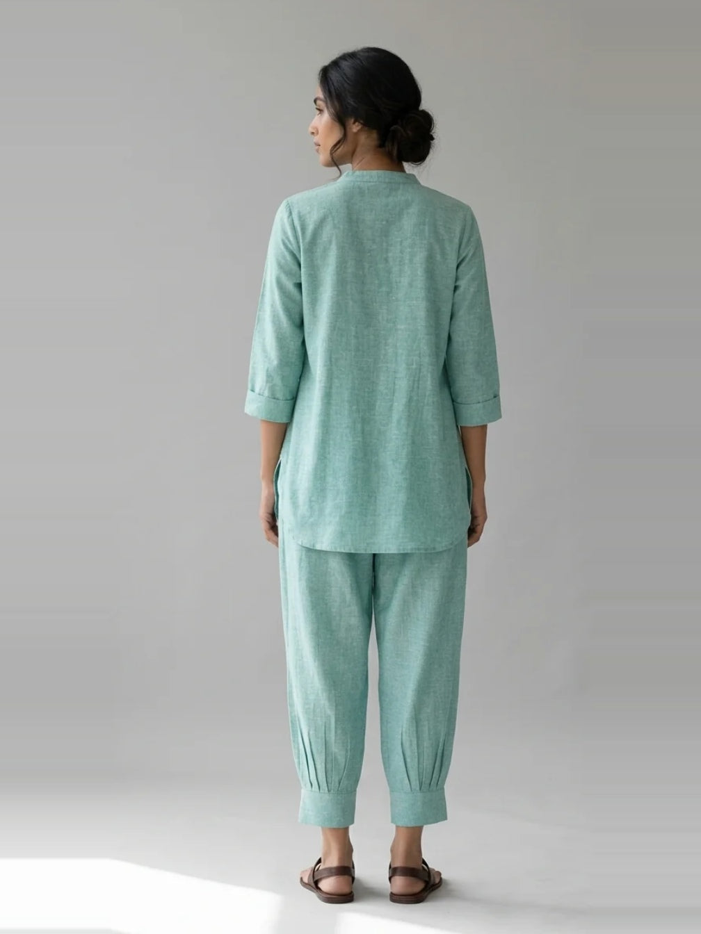 Seafoam Ease – Aqua Cotton Linen Slub Co-ord Set – full-length back view