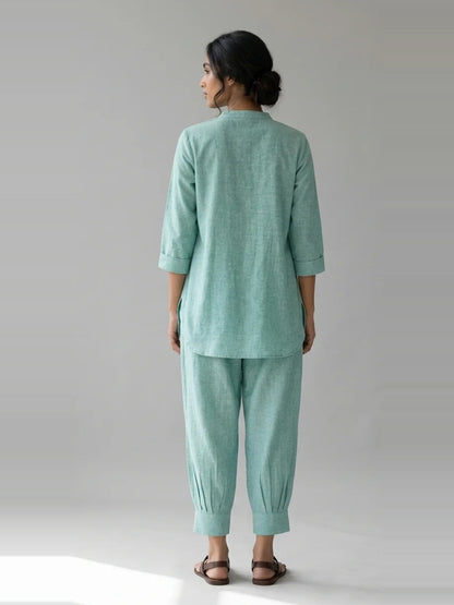 Seafoam Ease – Aqua Cotton Linen Slub Co-ord Set – full-length back view
