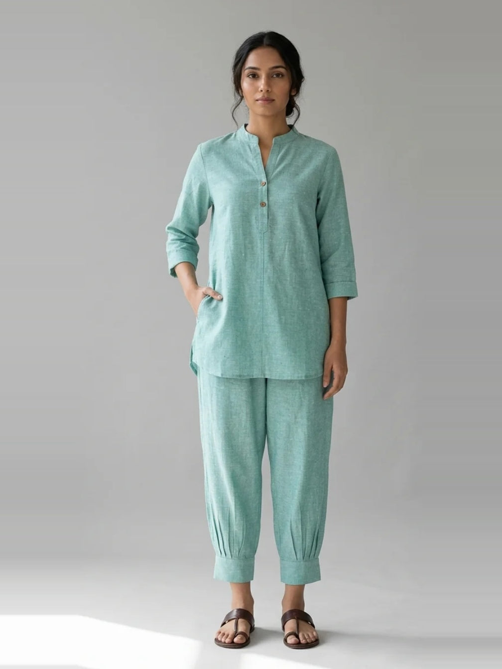 Seafoam Ease – Aqua Cotton Linen Slub Co-ord Set – full-length front view