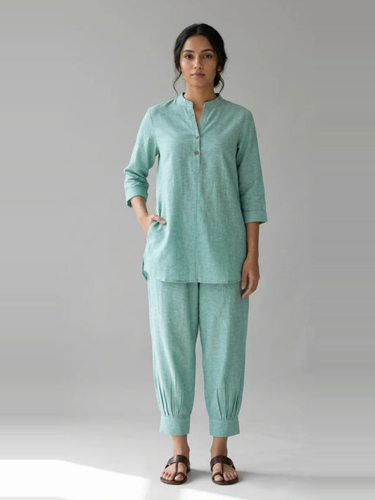 Seafoam Ease – Aqua Cotton Linen Slub Co-ord Set – full-length front view