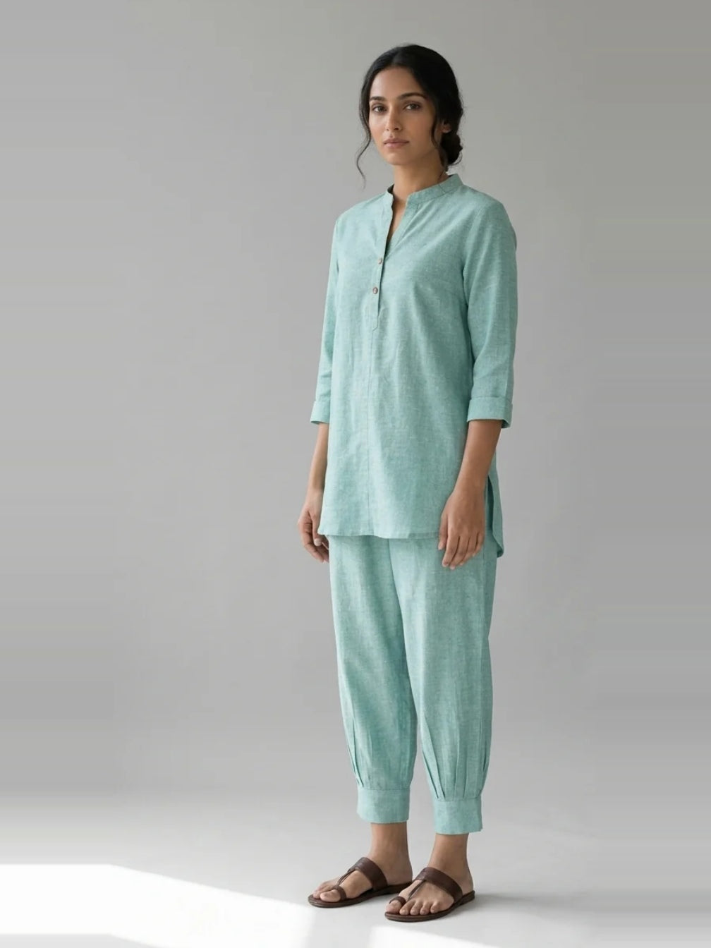 Seafoam Ease – Aqua Cotton Linen Slub Co-ord Set – full-length side view